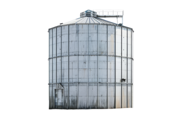 Large industrial metal silo used for storage of grain, standing isolated on transparent background. Suitable for agricultural and industrial themes.
