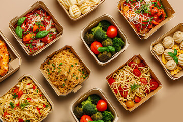 top view food in cartons isolated on beige background, food delivery concept 