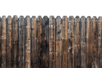 Wooden fence with vertical planks, showing natural texture and grain, isolated on a white background. Ideal for property boundary imagery.