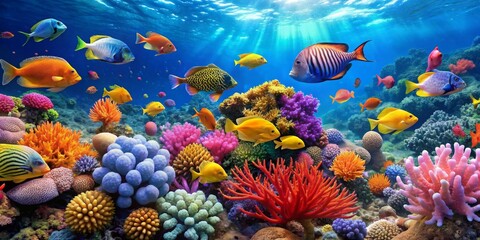 Obraz premium Colorful tropical fish swimming amidst vibrant coral reef , underwater, marine life, wildlife, exotic
