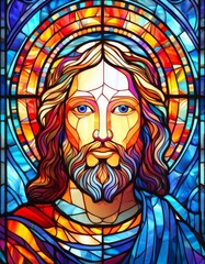 A stained glass window illustration depicting our lord Jesus Christ. 