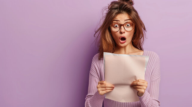 woman reading a paper with a shocked face