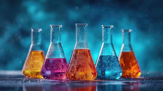 Chemical experiment with colorful solutions in flasks in the laboratory, for British Science Week, copy space, banner  