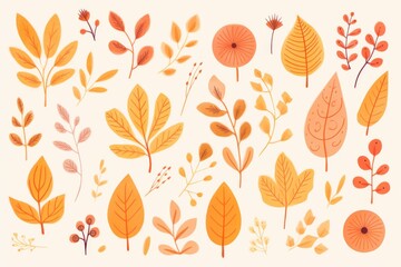 Obraz premium Collection of autumn leaves and floral elements in warm orange and yellow tones, perfect for seasonal designs and decorations.