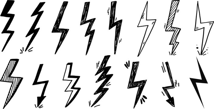 Hand drawn freehand doodle thunderstorm lightning spark voltage electric shock scribble.