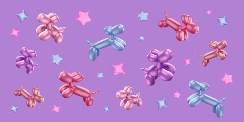 Background with 3d balloon animals and glossy stars. Twisted bubble dogs render. Horizontal pattern on purple color. Party wallpaper with funny pets. Vector illustration for entertainment events. © Marina