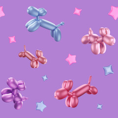 Fototapeta premium Seamless pattern with 3d balloon dogs. Multicolored helium bubble animals and metallic stars on purple background. Party creative wallpaper with inflated puppies. Vector illustration.