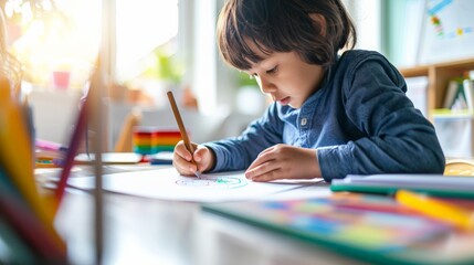 A young boy is drawing on a whiteboard in a classroom