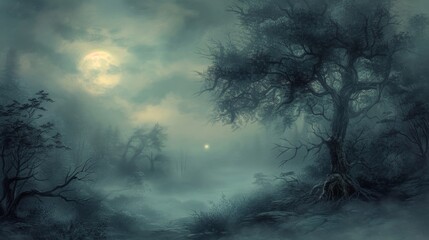 As the full moon rose above the misty forest the trees seemed to come to life reaching their twisted branches towards the sky. The orbs that hung in the mist around them glowed wit