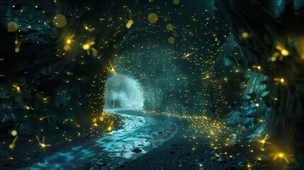 Thousands of tiny glowing fireflies flutter around the dreary cave creating an otherworldly illusion of dancing stars