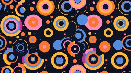 Colorful circle pattern with blue, orange, pink, and yellow on black background. Playful and modern seamless pattern concept.