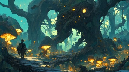 The path is lined with glowing mushrooms casting an eerie light upon the twisted forms of the trees. Shadows slink between the trunks their glowing eyes watching and waiting for thei