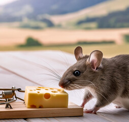 Fototapeta premium Be careful - cute mouse sniffing at the cheese that is on the mousetrap