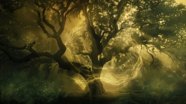 As night fell the trees seemed to come alive with an otherworldly energy as misty forms materialized and swirled around the sacred tree in a dance of ancient spirits