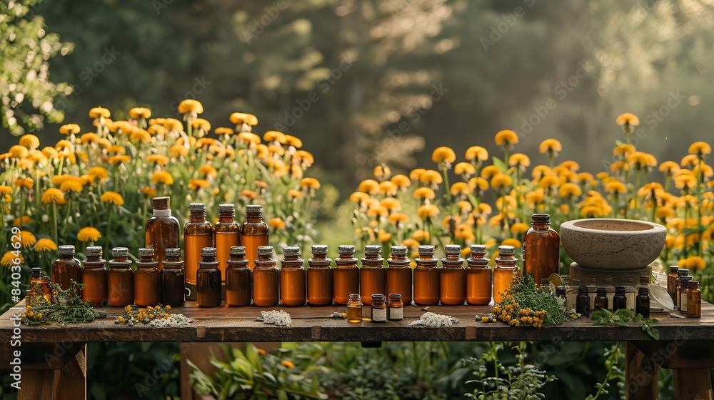 Aufkleber a table with dandelion tincture bottles mortar and honey was set up.stock image