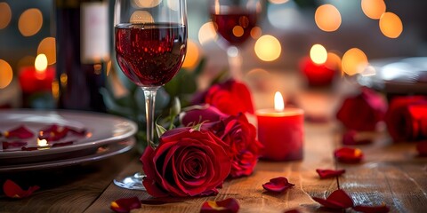 Romantic Valentines Day dinner setting with wine candles roses on wooden table. Concept Valentines Day, Romantic Dinner, Wine, Candles, Roses, Wooden Table