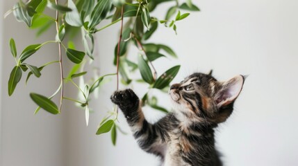 A curious kitten reaches up with a paw to touch the leaves of a green plant.