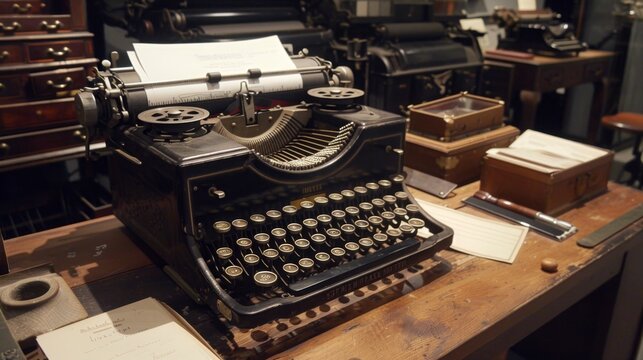 Vintage Typewriter Collection Nostalgic Business Card Display with Restored Typewriters Ink Ribbons and Typing Paper Retro Office Decor and Writer's Inspiration