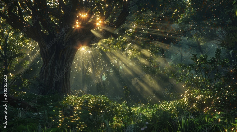 Poster the sunlight filters through the canopy casting a mystical glow over the sacred grove and igniting a