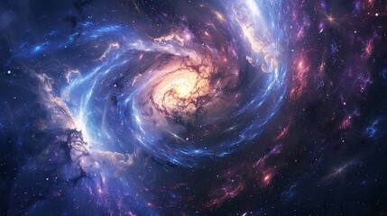A spiral galaxy with a bright yellow star in the center. The galaxy is filled with stars and clouds of gas