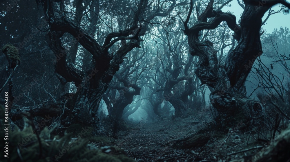 Poster the trees in the haunted forest clearing seem to be watching their gnarled branches twisting into tw