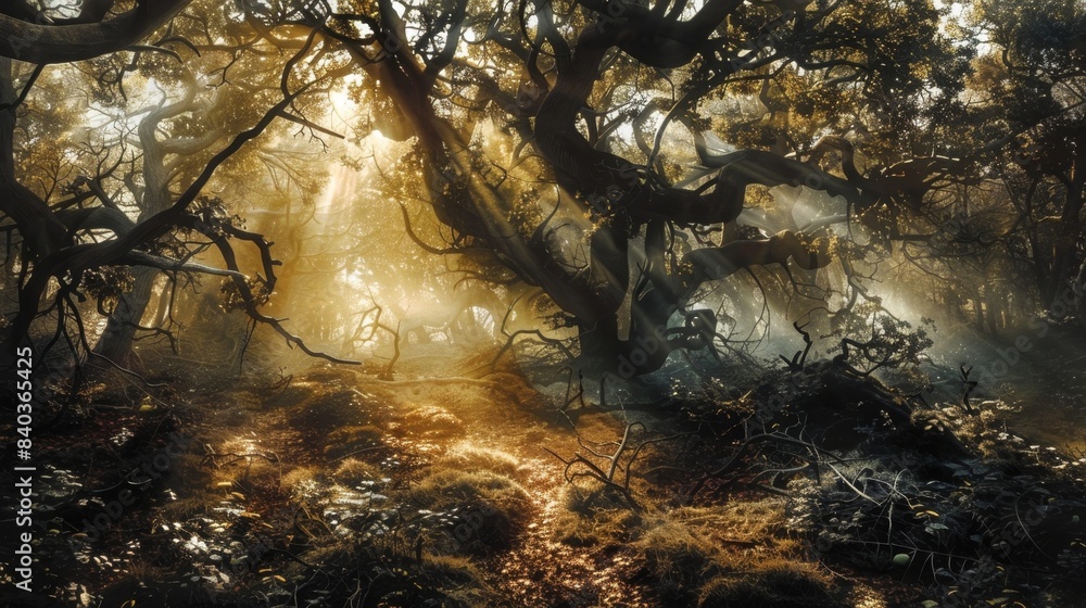 Poster dappled sunlight filters through the twisted branches above casting distorted shadows on the forest 