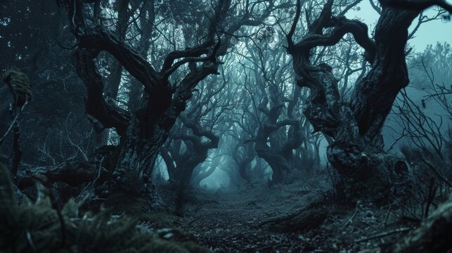 The trees in the haunted forest clearing seem to be watching their gnarled branches twisting into twisted figures that eerily sway in the stillness. A sense of dread fills the air warnin