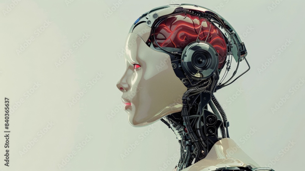 Aufkleber a robot head with a red brain and a black face. the robot head is surrounded by fire, giving it a me