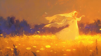 In the midst of the sunkissed field a phantomlike figure could be seen dancing gracefully adorned with delicate petals and bathed in an otherworldly glow