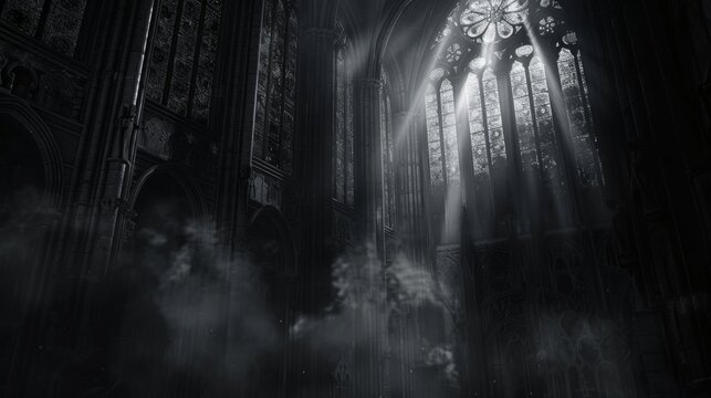 Despite the darkness that surrounded it the cathedrals windows shone with a ghostly illuminance hinting at the sinister secrets within