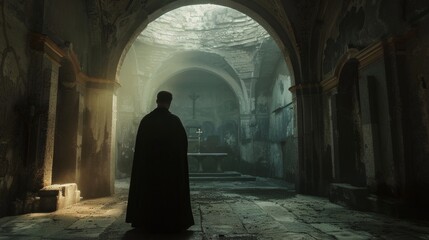 The ghostly outline of a priest clad in ceremonial garb appears within the abandoned crypt lingering in prayer for centuries on end