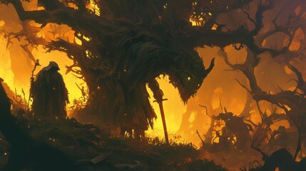 The menacing trees of the forest were alive with a fiery glow casting eerie shadows on the forest floor that seemed to move of their own accord