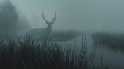 Naklejka premium Amidst the eerie silence of the foggy marshes a pale deer with antlers made of mist appears its ghostly form ly visible in the thick fog