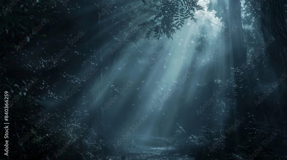 Poster beams of light that seem to emanate from the trees themselves leading the way through the dark fores