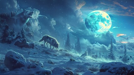 Beneath the full moon the howls of spectral wolves echo through the quiet wintry plains