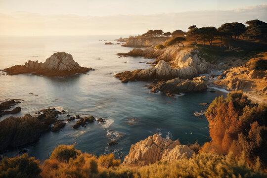 Golden hour at scenic coastal landscape. Generative AI image