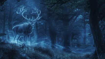 The haunted forest was a twisted ethereal realm where spectral animals roamed freely. A ghostly stag watched from a distance its eyes glowing like orbs in the darkness. As the nigh