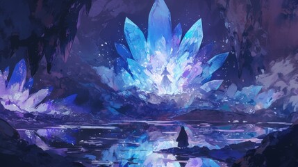 Fototapeta premium In the depths of the cave a delicate ethereal being gazes at the sparkling crystals surrounding them radiating an otherworldly beauty that is almost blinding