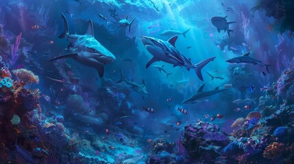 Obraz premium As sharks and other predators circle the reef the spirits of the sea form a protective barrier warding them off and ensuring the safety of all who call the coral reef home