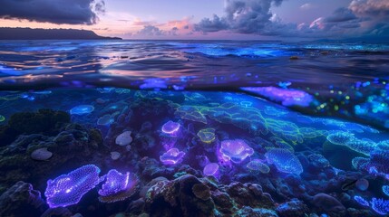 Naklejka premium As daylight fades the spirits of the sea come alive in a dazzling display of bioluminescent magic illuminating the reef and its inhabitants