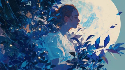 As the moon glimmers above a figure shimmers below moving through the garden with an otherworldly elegance her translucent form seemingly part of the moonlit scenery