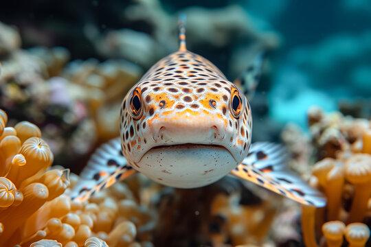 Stunning close-up of a puffer fish in coral surroundings. Generative AI image