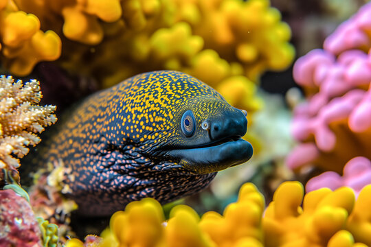 Moray eel hiding amidst vibrant coral reefs. Generative AI image