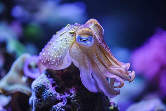 Graceful cuttlefish swimming in a vibrant aquarium. Generative AI image