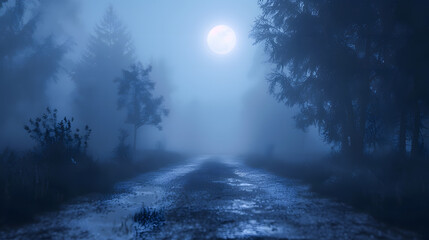 Mysterious fog rolling through a spooky forest under moonlight Casting an eerie glow on the path Perfect 