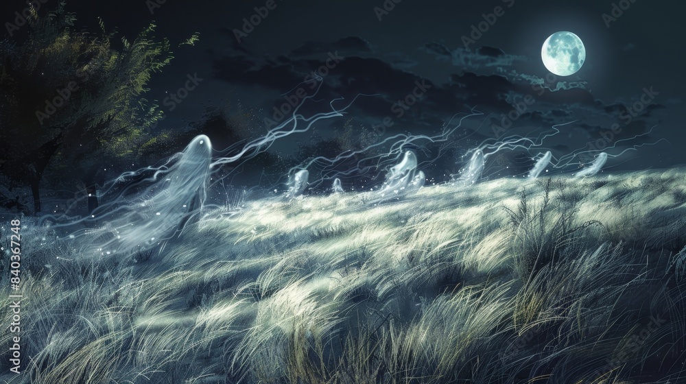 Poster as night falls the field becomes a playground for restless spirits their translucent forms flitting 