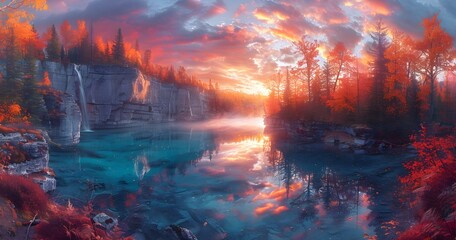 Fototapeta premium A nature ravine during sunset, the sky ablaze with colors, and the cliffs reflecting the hues
