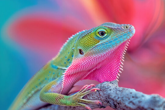 Colorful chameleon perched on a branch against a vibrant backdrop. Generative AI image