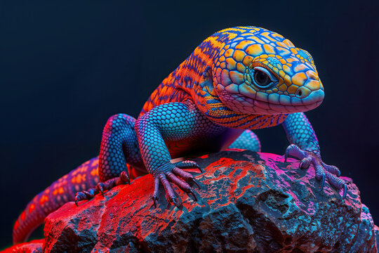 Vibrant colored lizard resting on a rock. Generative AI image