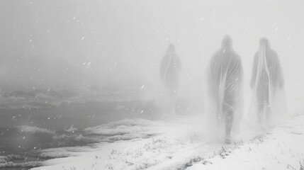 Fototapeta premium Despite the harsh conditions the ghostly forms seemed to revel in the snowstorm their ethereal presence adding an otherworldly touch to the wintry landscape